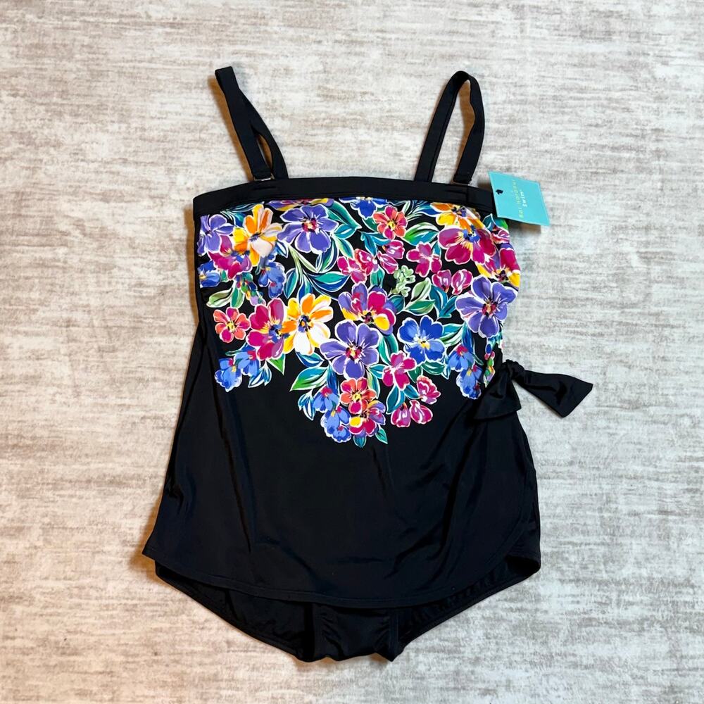 Bal Harbour Swim Women’s 16 Black Floral One Piece Swimsuit Wrap New